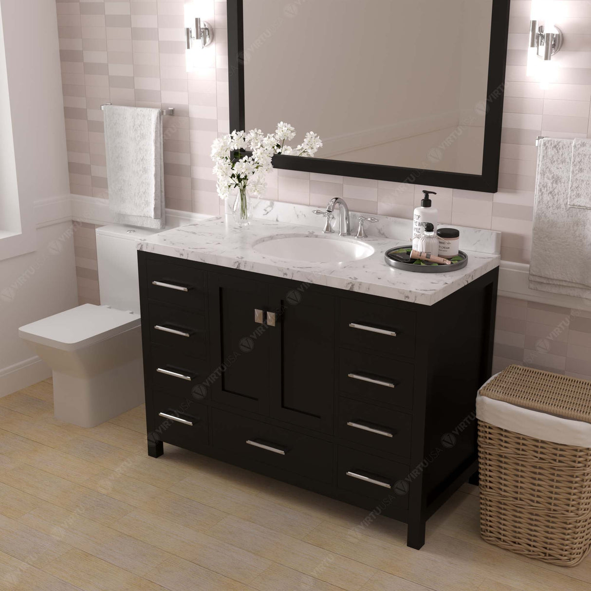 Virtu USA Caroline Avenue 48" Single Bath Vanity with White Quartz Top and Round Sink with Polished Chrome Faucet with Matching Mirror