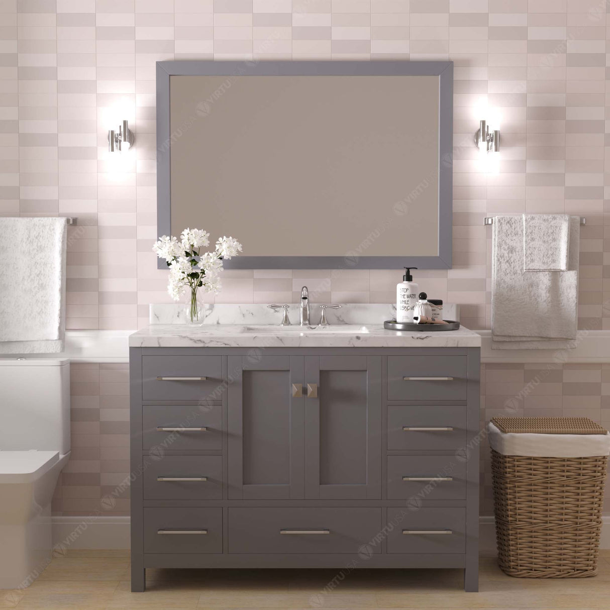 Virtu USA Caroline Avenue 48" Single Bath Vanity with White Quartz Top and Round Sink with Brushed Nickel Faucet with Matching Mirror
