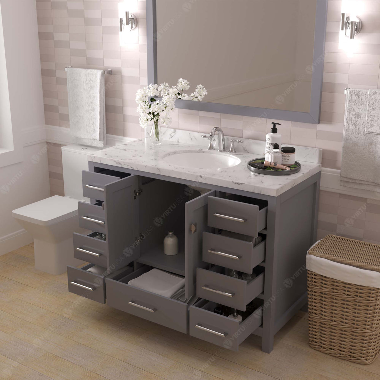 Virtu USA Caroline Avenue 48" Single Bath Vanity with White Quartz Top and Round Sink with Brushed Nickel Faucet with Matching Mirror