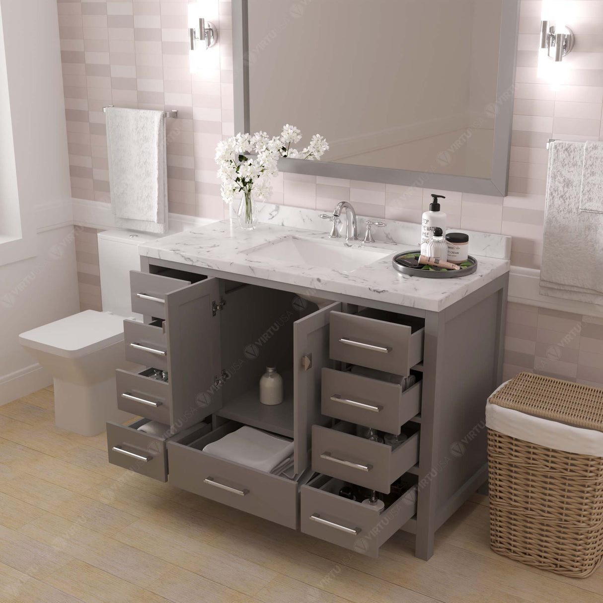 Virtu USA Caroline Avenue 48" Single Bath Vanity with White Quartz Top and Square Sink with Matching Mirror