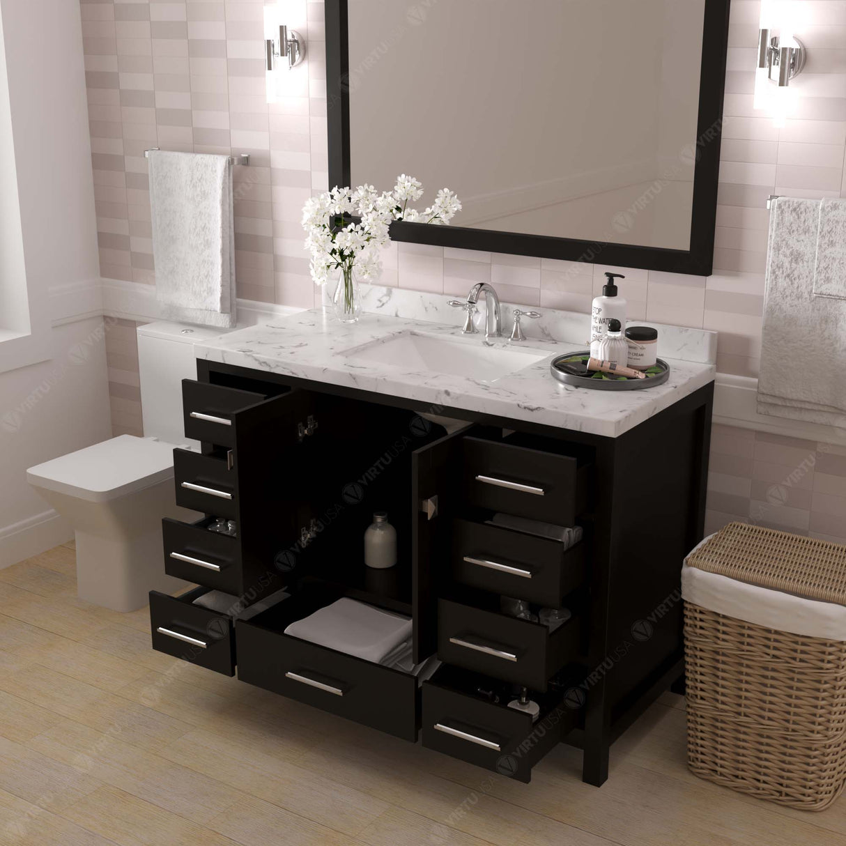 Virtu USA Caroline Avenue 48" Single Bath Vanity with White Quartz Top and Square Sink with Matching Mirror