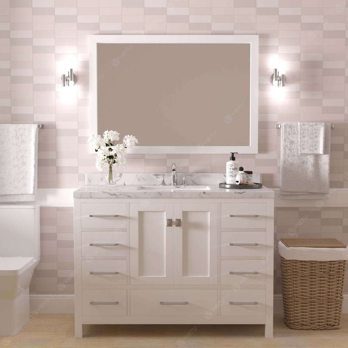 Virtu USA Caroline Avenue 48" Single Bath Vanity with White Quartz Top and Square Sink with Brushed Nickel Faucet with Matching Mirror