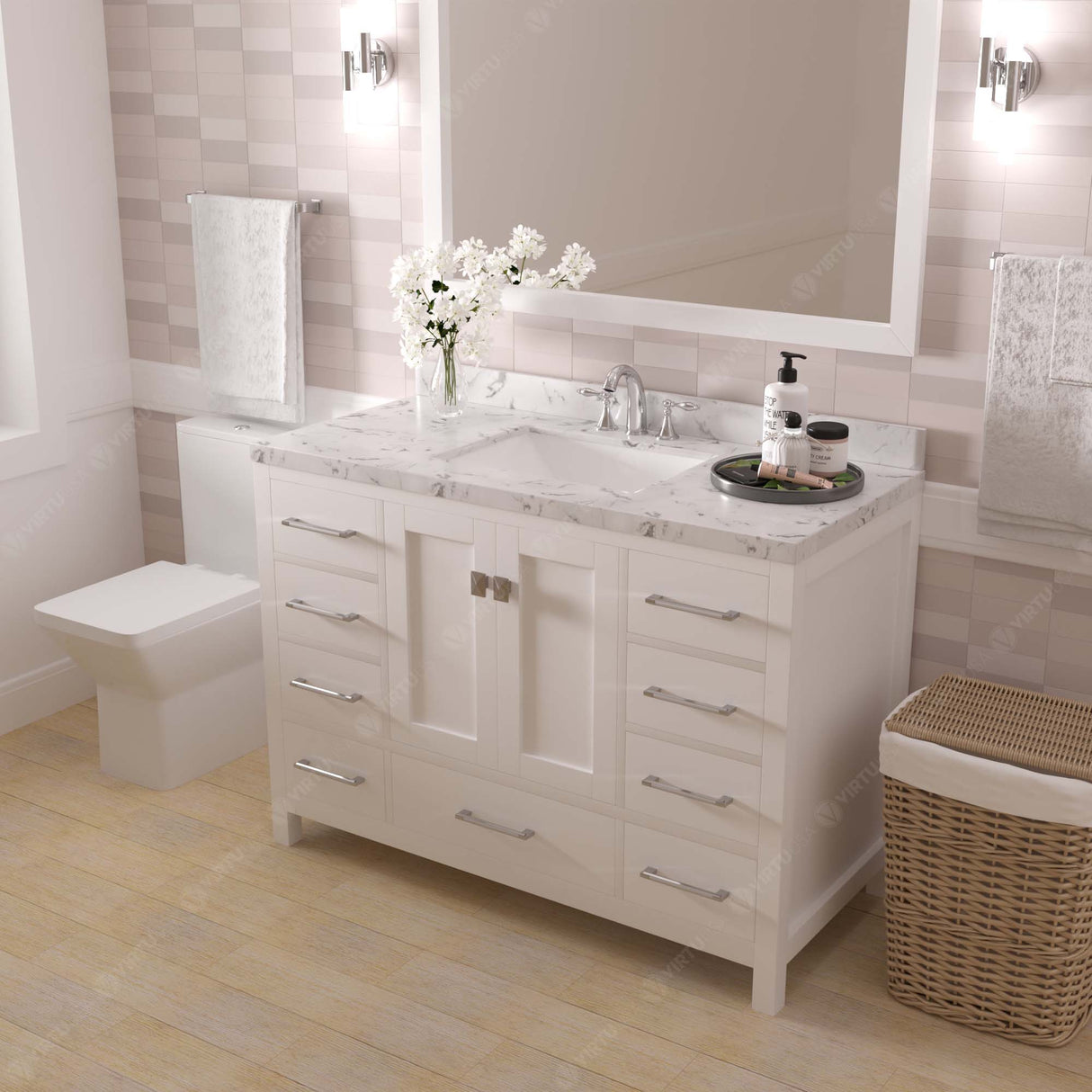 Virtu USA Caroline Avenue 48" Single Bath Vanity with White Quartz Top and Square Sink with Matching Mirror