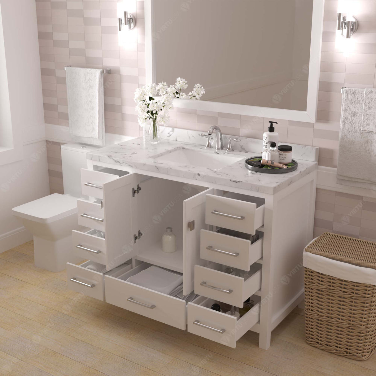 Virtu USA Caroline Avenue 48" Single Bath Vanity with White Quartz Top and Square Sink with Matching Mirror