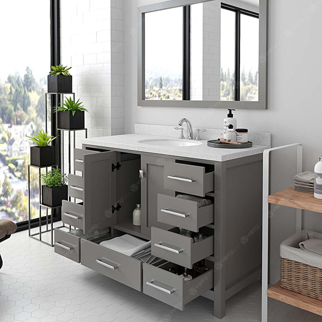 Virtu USA Caroline Avenue 48" Single Bath Vanity with Dazzle White Quartz Top and Round Sink with Matching Mirror