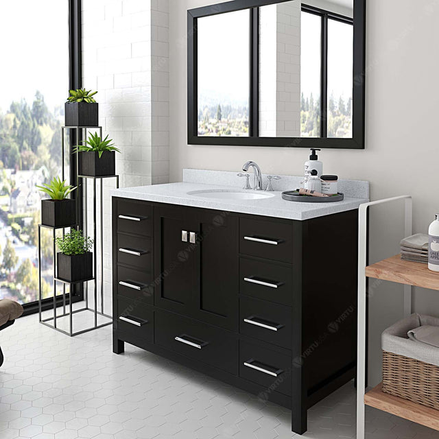 Virtu USA Caroline Avenue 48" Single Bath Vanity with Dazzle White Quartz Top and Round Sink with Matching Mirror