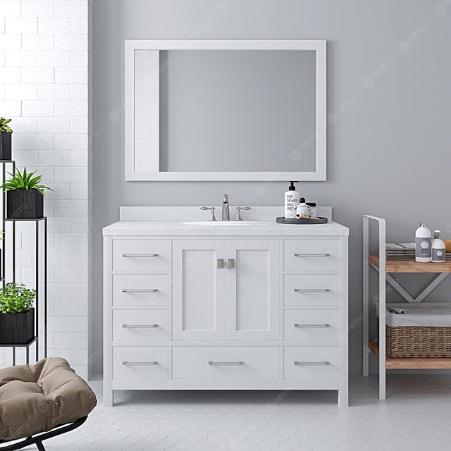 Virtu USA Caroline Avenue 48" Single Bath Vanity with Dazzle White Quartz Top and Round Sink with Matching Mirror