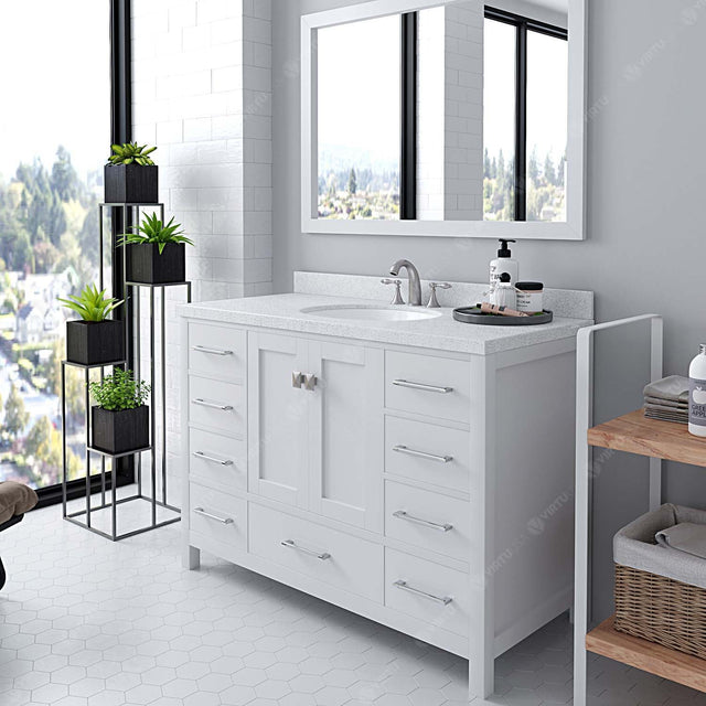 Virtu USA Caroline Avenue 48" Single Bath Vanity with Dazzle White Quartz Top and Round Sink with Matching Mirror