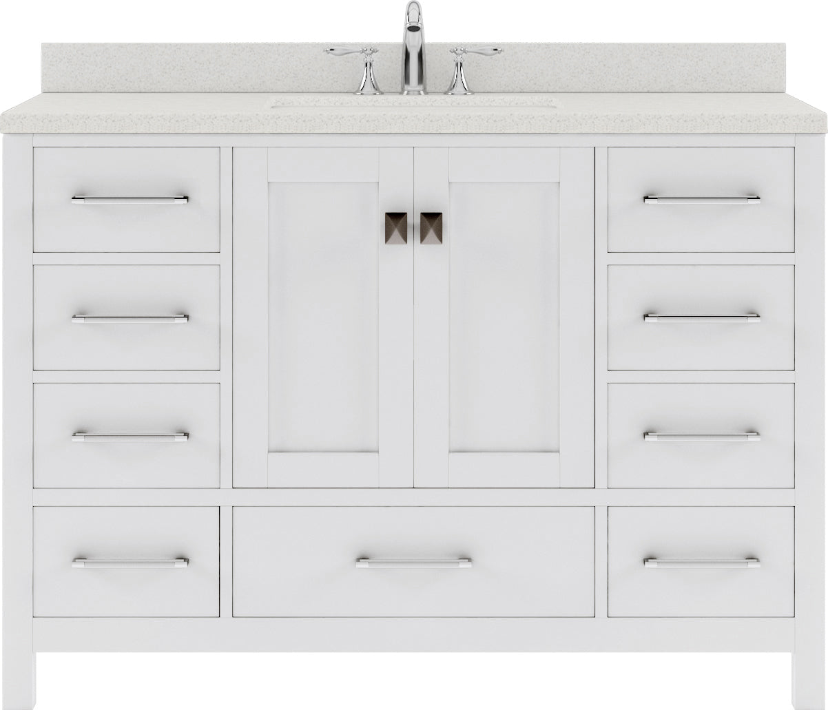 Virtu USA Caroline Avenue 48" Single Bath Vanity with Dazzle White Quartz Top and Round Sink with Polished Chrome Faucet with Matching Mirror