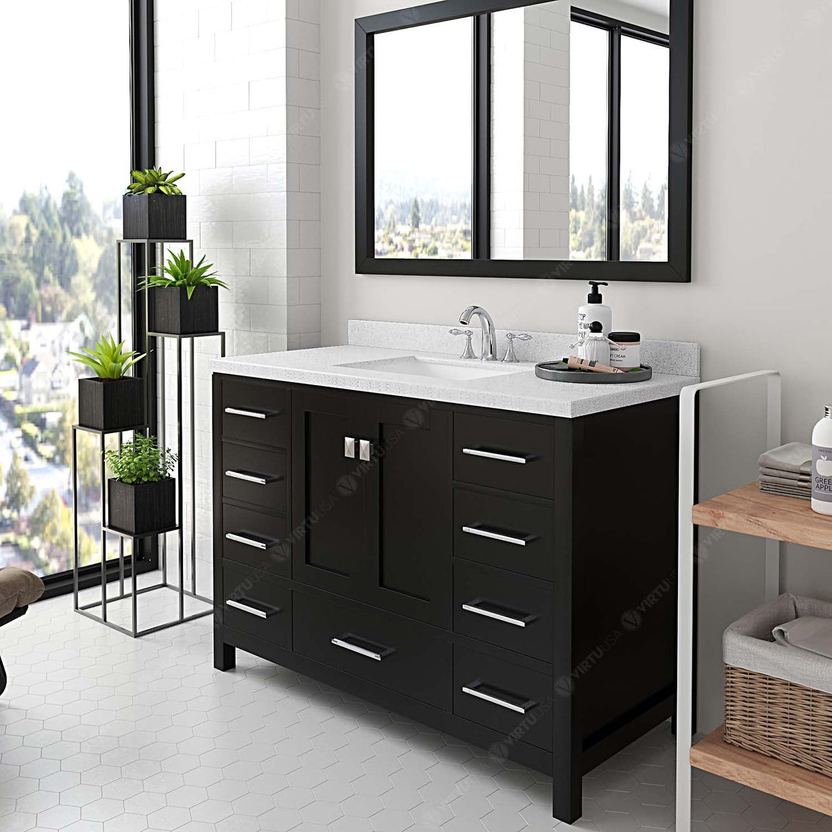 Virtu USA Caroline Avenue 48" Single Bath Vanity with Dazzle White Quartz Top and Square Sink with Matching Mirror