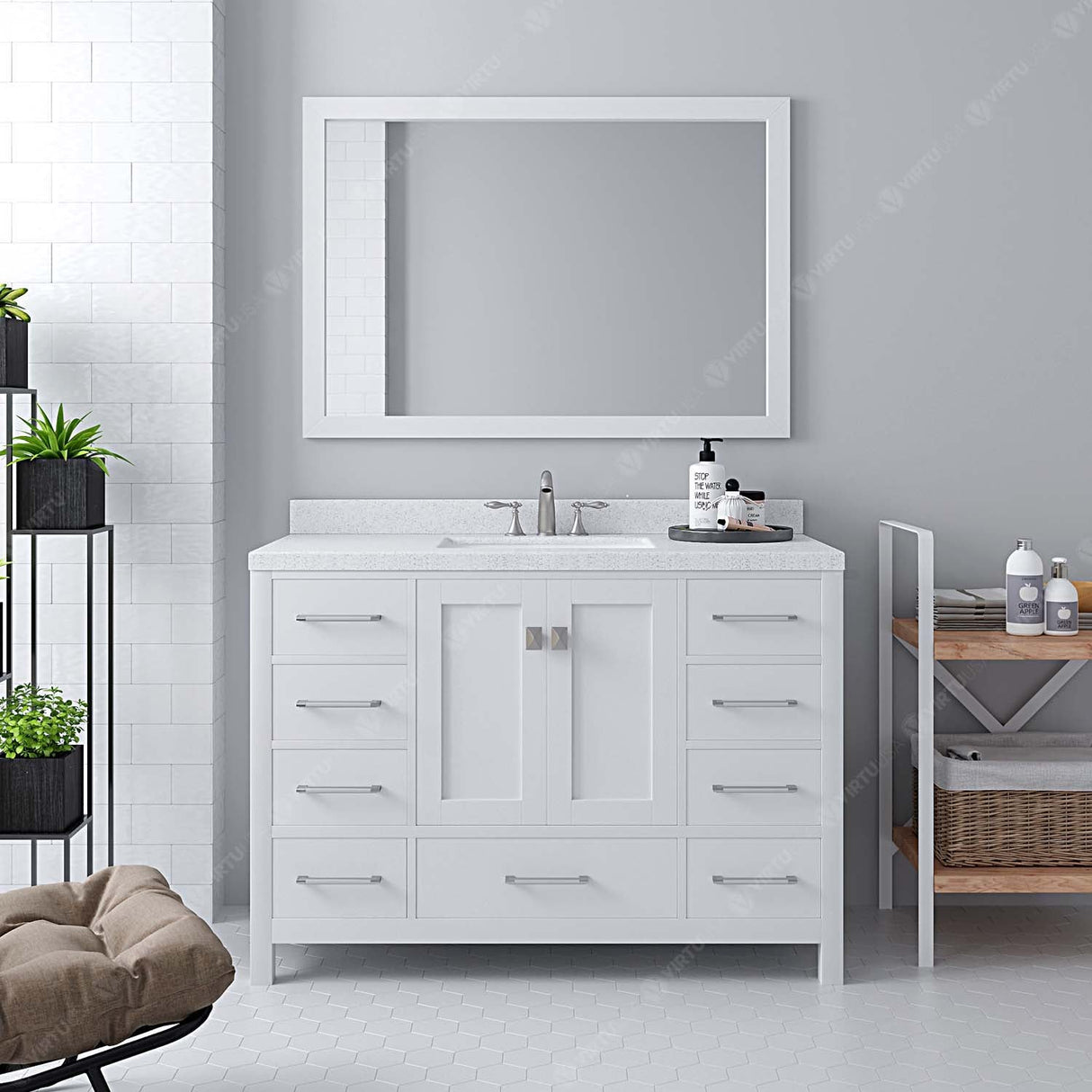 Virtu USA Caroline Avenue 48" Single Bath Vanity in White with White Quartz Top and Square Sink with Brushed Nickel Faucet with Matching Mirror