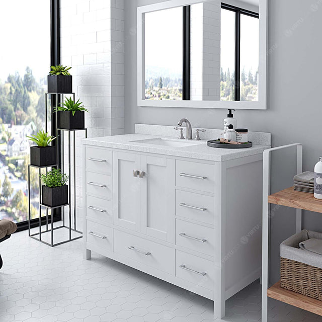 Virtu USA Caroline Avenue 48" Single Bath Vanity with Dazzle White Quartz Top and Square Sink with Polished Chrome Faucet with Matching Mirror