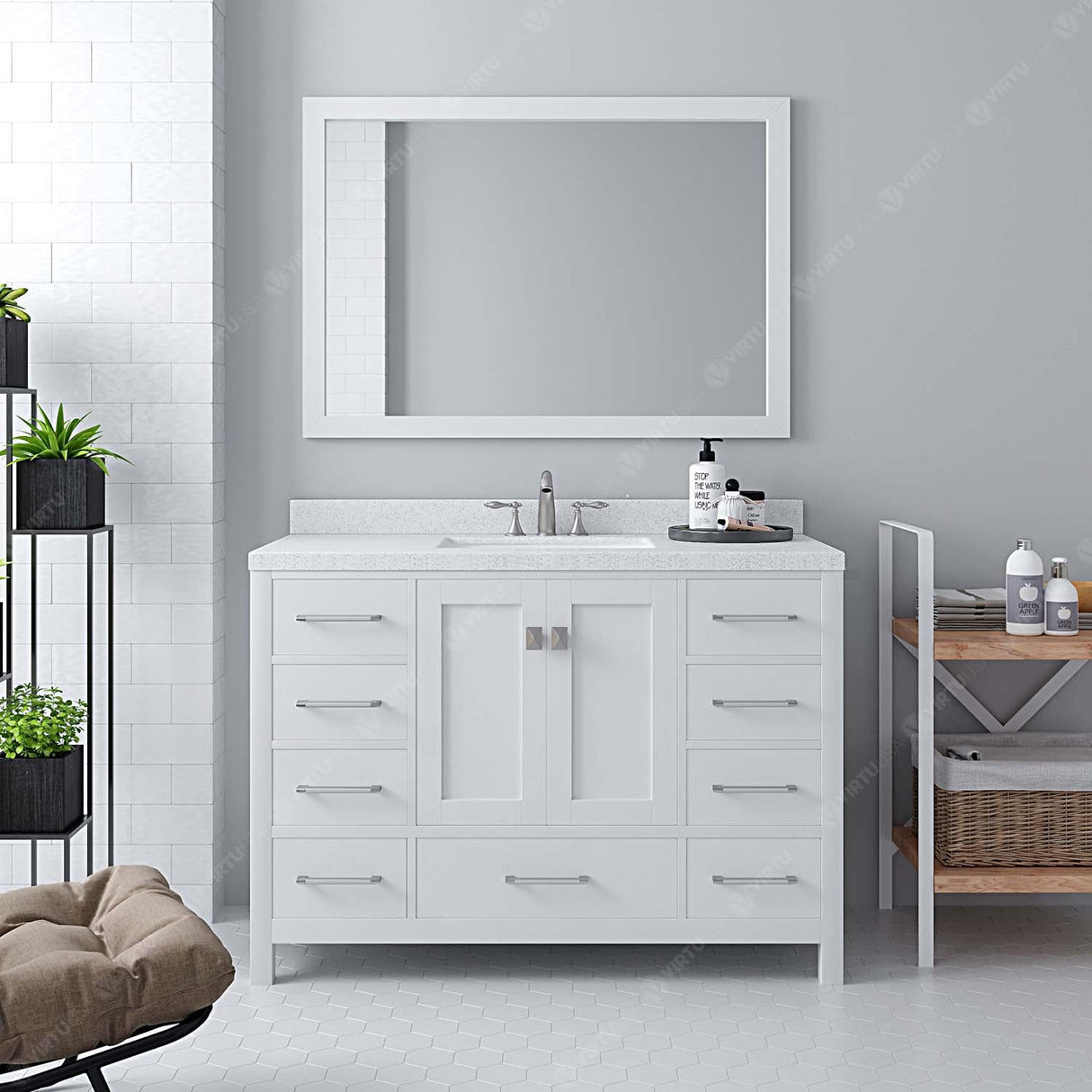 Virtu USA Caroline Avenue 48" Single Bath Vanity with Dazzle White Quartz Top and Square Sink with Matching Mirror