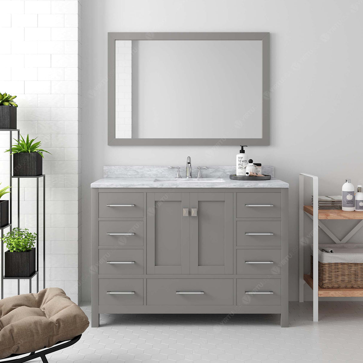 Virtu USA Caroline Avenue 48" Single Bath Vanity with White Marble Top and Round Sink with Brushed Nickel Faucet with Matching Mirror