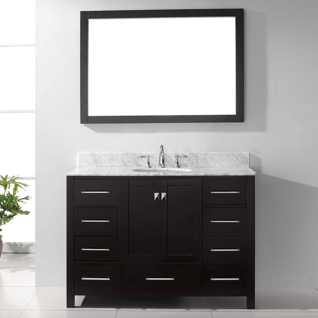 Virtu USA Caroline Avenue 48" Single Bath Vanity with White Marble Top and Round Sink with Polished Chrome Faucet with Matching Mirror