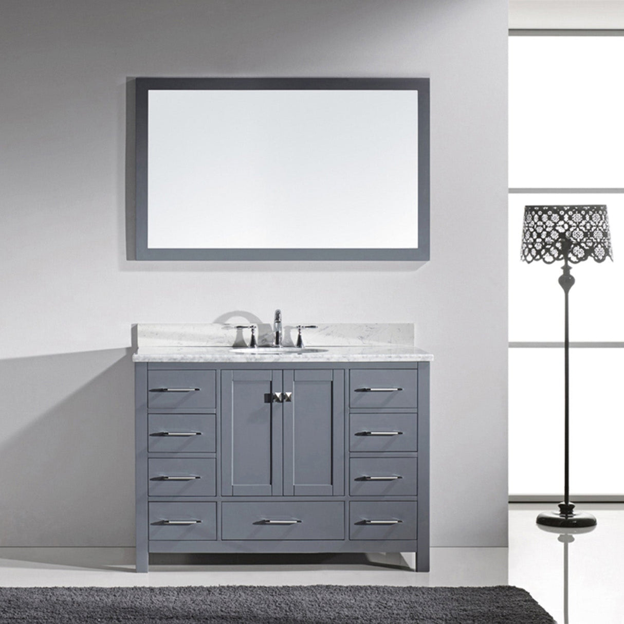 Virtu USA Caroline Avenue 48" Single Bath Vanity with White Marble Top and Round Sink with Brushed Nickel Faucet with Matching Mirror