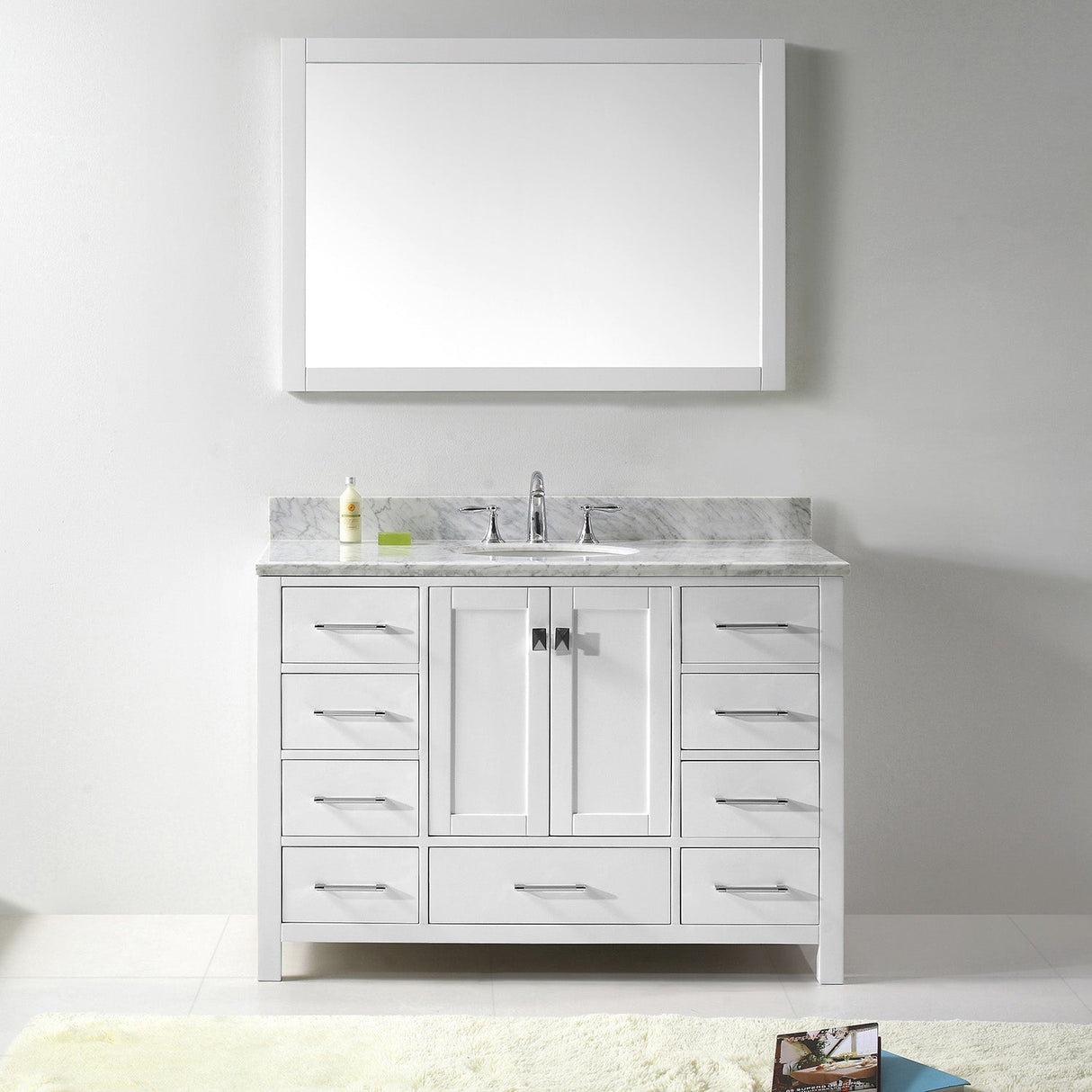 Virtu USA Caroline Avenue 48" Single Bath Vanity with White Marble Top and Round Sink with Brushed Nickel Faucet with Matching Mirror