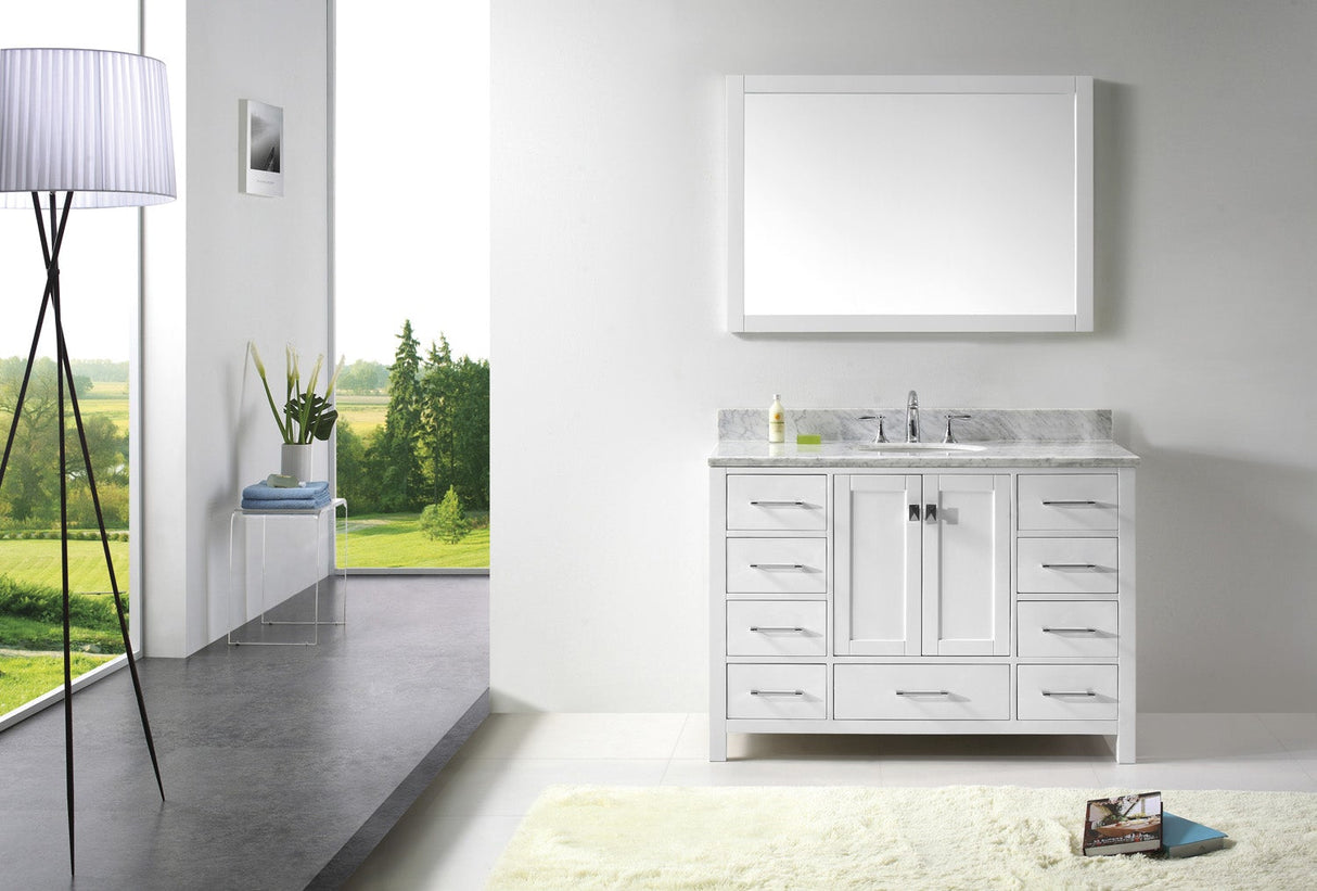 Virtu USA Caroline Avenue 48" Single Bath Vanity with White Marble Top and Round Sink with Brushed Nickel Faucet with Matching Mirror