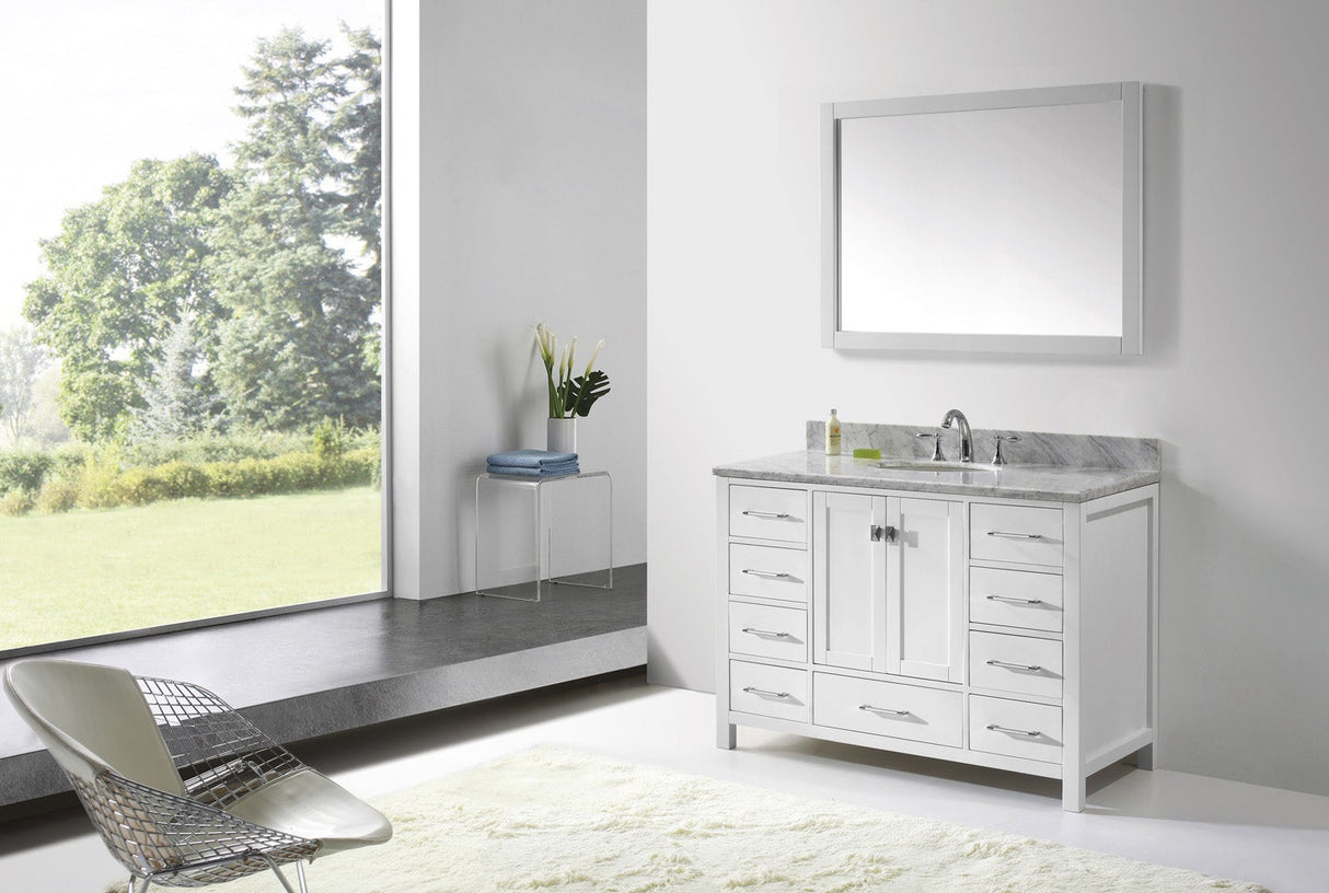 Virtu USA Caroline Avenue 48" Single Bath Vanity with White Marble Top and Round Sink with Brushed Nickel Faucet with Matching Mirror