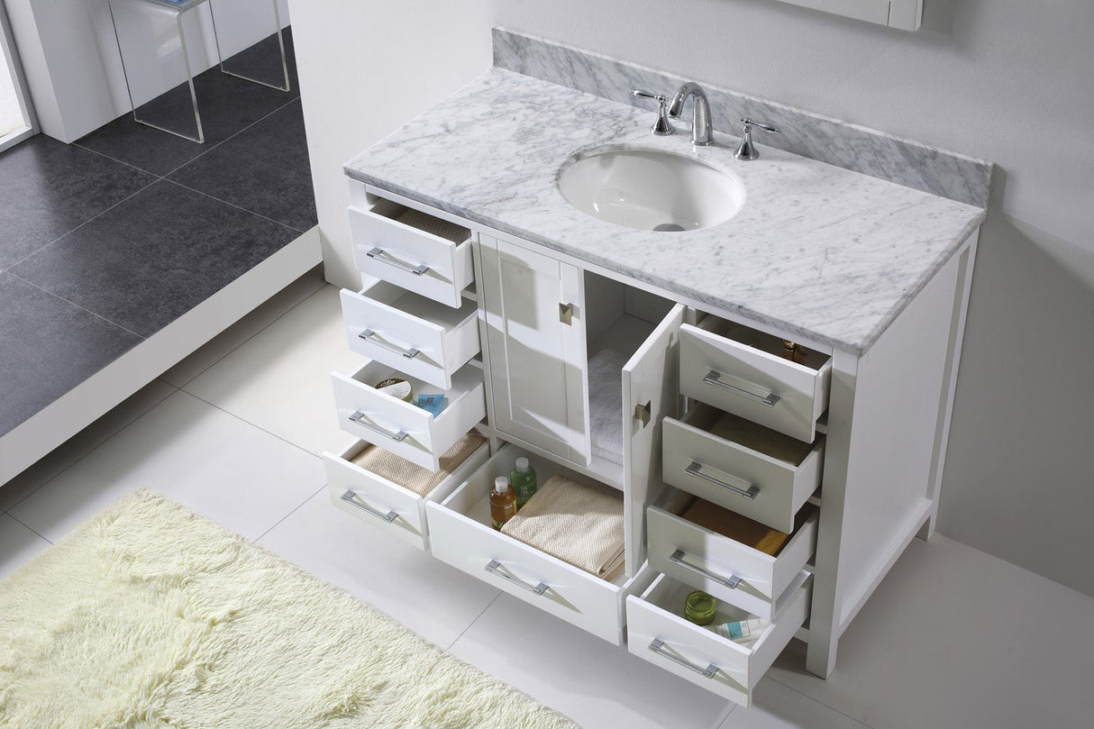 Virtu USA Caroline Avenue 48" Single Bath Vanity with White Marble Top and Round Sink with Polished Chrome Faucet with Matching Mirror