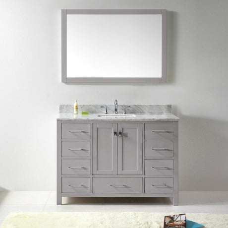 Virtu USA Caroline Avenue 48" Single Bath Vanity with White Marble Top and Square Sink with Polished Chrome Faucet with Matching Mirror