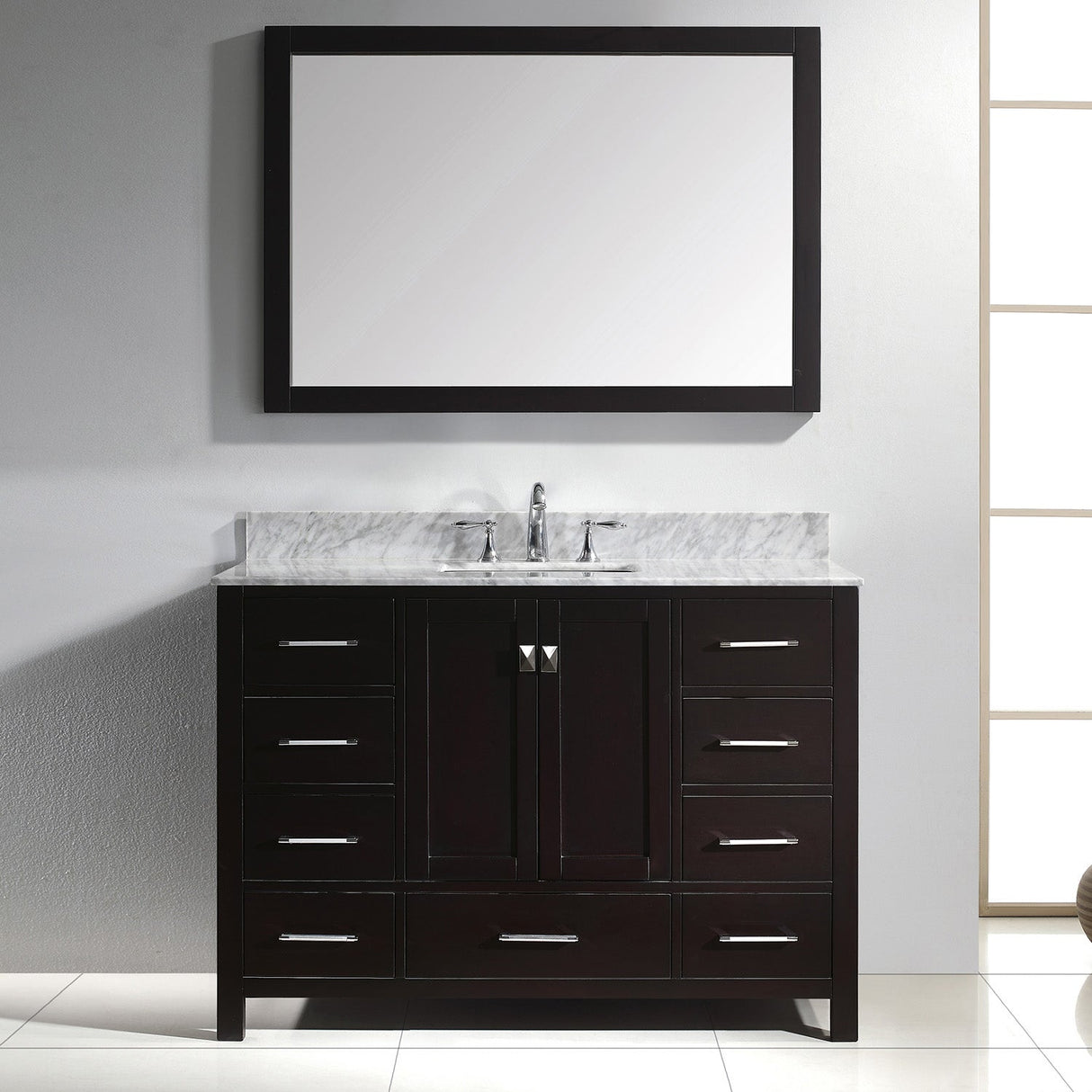 Virtu USA Caroline Avenue 48" Single Bath Vanity with White Marble Top and Square Sink with Polished Chrome Faucet with Matching Mirror