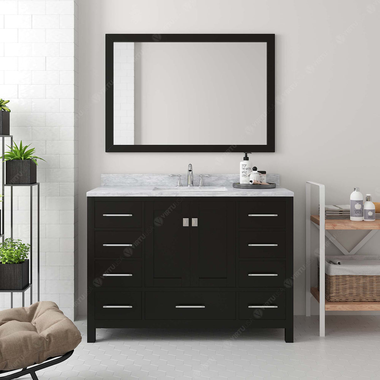 Virtu USA Caroline Avenue 48" Single Bath Vanity in White with White Marble Top and Square Sink with Brushed Nickel Faucet with Matching Mirror