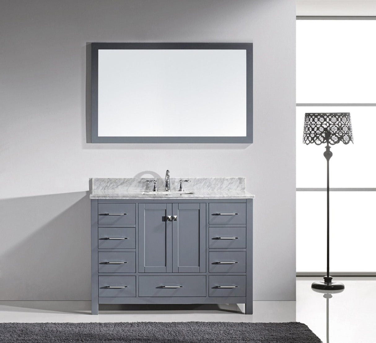 Virtu USA Caroline Avenue 48" Single Bath Vanity with White Marble Top and Square Sink with Polished Chrome Faucet with Matching Mirror