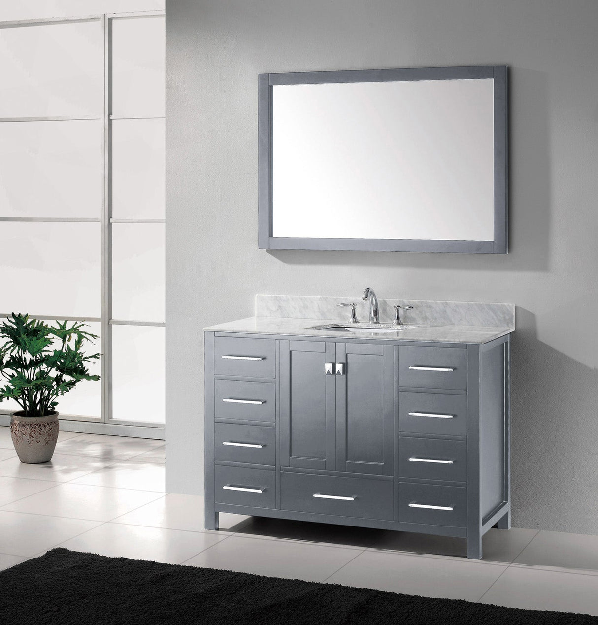 Virtu USA Caroline Avenue 48" Single Bath Vanity with White Marble Top and Square Sink with Polished Chrome Faucet with Matching Mirror