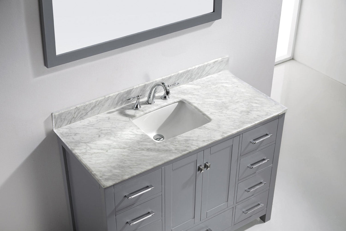 Virtu USA Caroline Avenue 48" Single Bath Vanity with White Marble Top and Square Sink with Polished Chrome Faucet with Matching Mirror