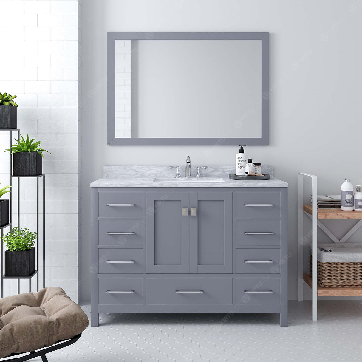 Virtu USA Caroline Avenue 48" Single Bath Vanity in White with White Marble Top and Square Sink with Brushed Nickel Faucet with Matching Mirror