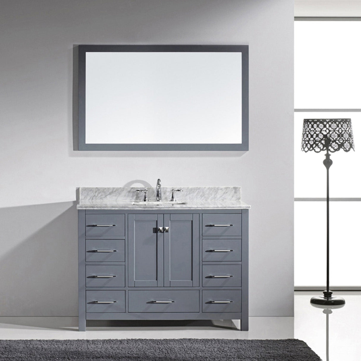 Virtu USA Caroline Avenue 48" Single Bath Vanity in White with White Marble Top and Square Sink with Brushed Nickel Faucet with Matching Mirror