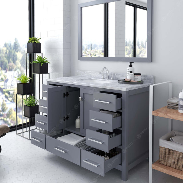 Virtu USA Caroline Avenue 48" Single Bath Vanity in White with White Marble Top and Square Sink with Brushed Nickel Faucet with Matching Mirror