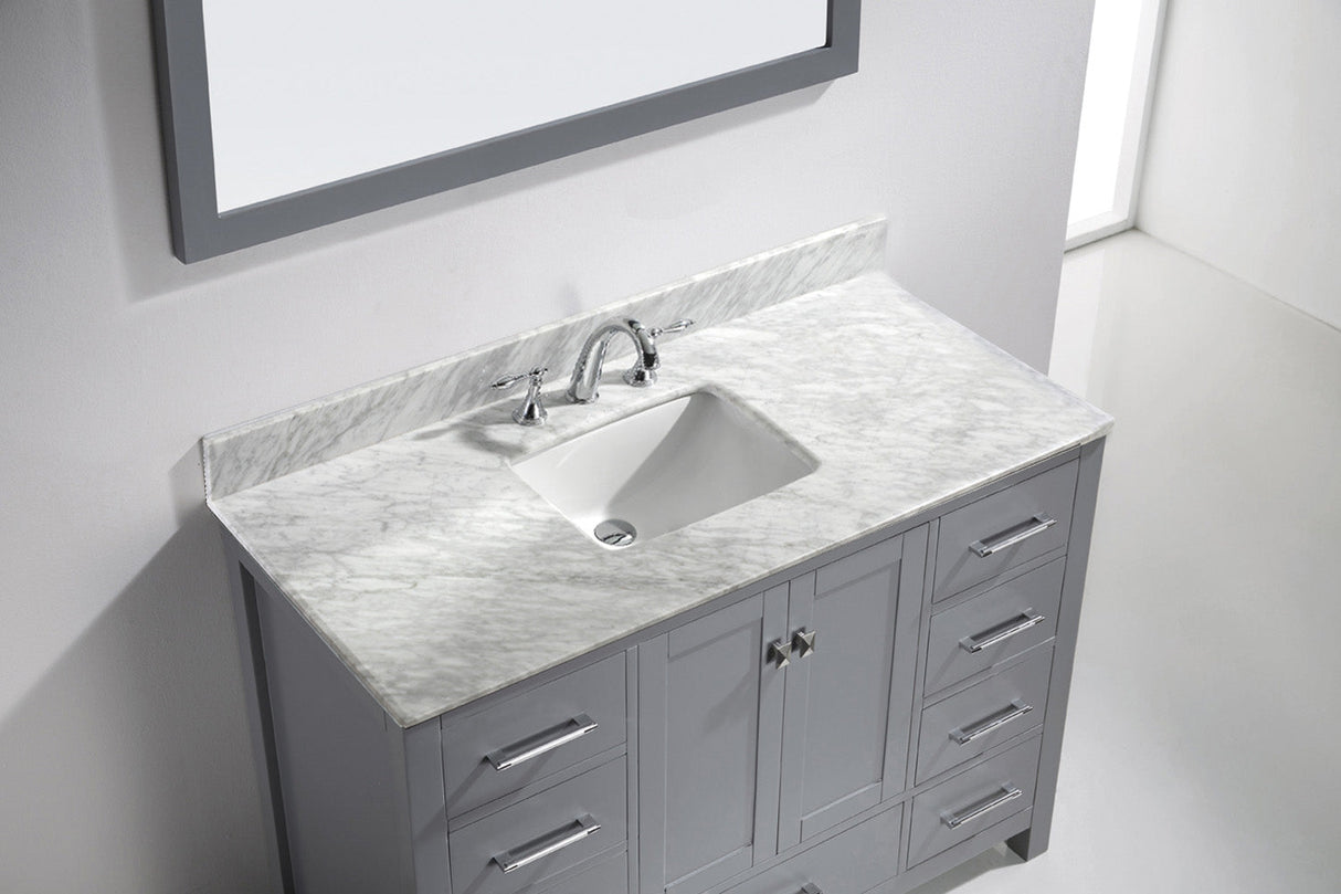 Virtu USA Caroline Avenue 48" Single Bath Vanity in White with White Marble Top and Square Sink with Brushed Nickel Faucet with Matching Mirror