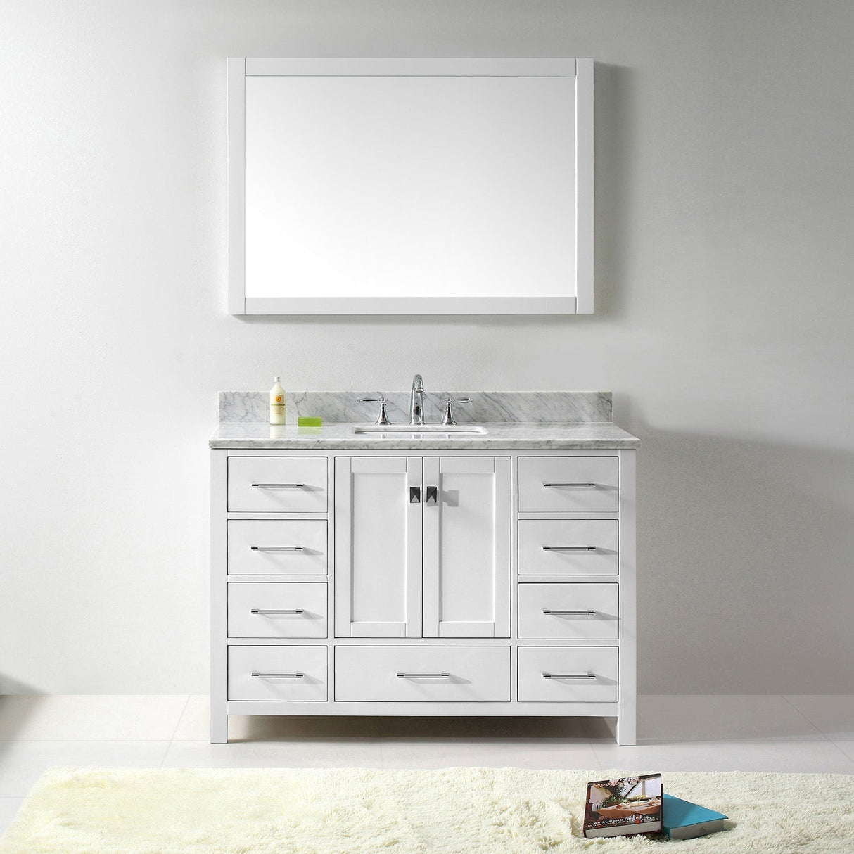 Virtu USA Caroline Avenue 48" Single Bath Vanity with White Marble Top and Square Sink with Polished Chrome Faucet with Matching Mirror