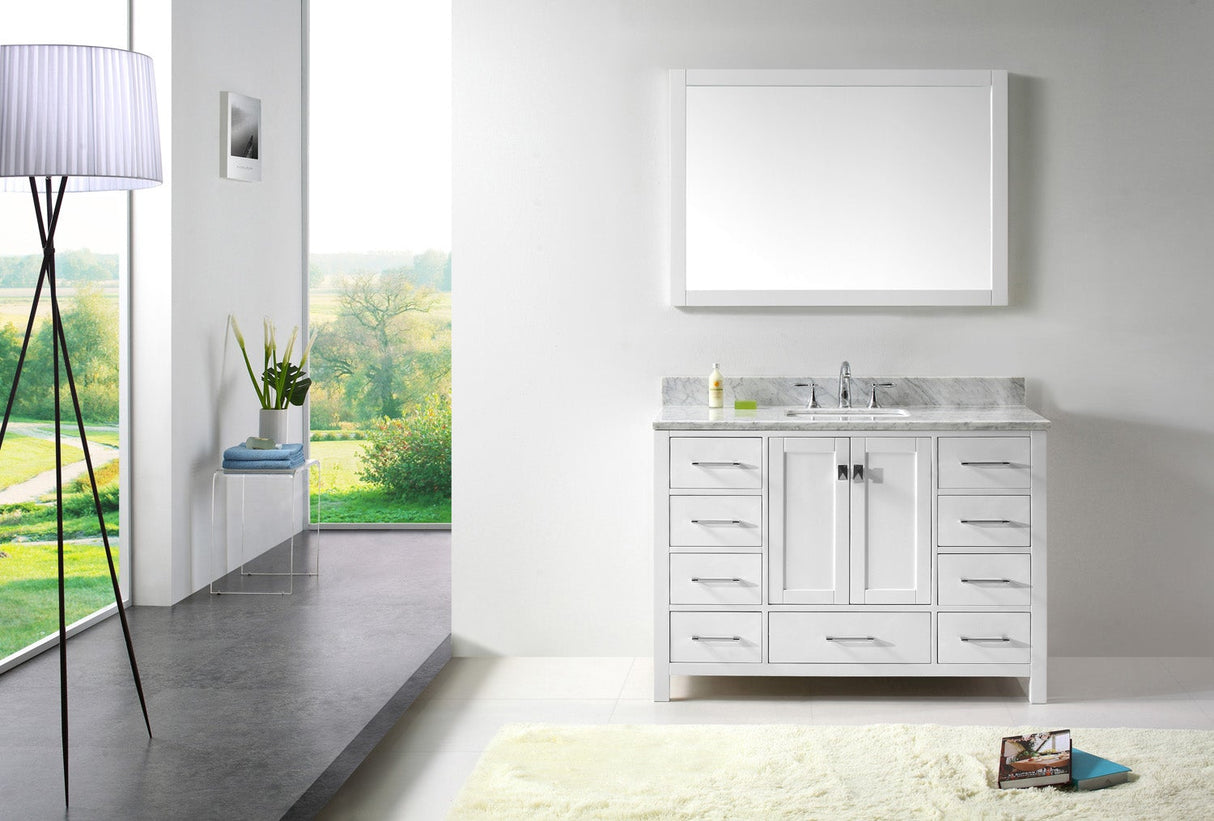 Virtu USA Caroline Avenue 48" Single Bath Vanity with White Marble Top and Square Sink with Polished Chrome Faucet with Matching Mirror