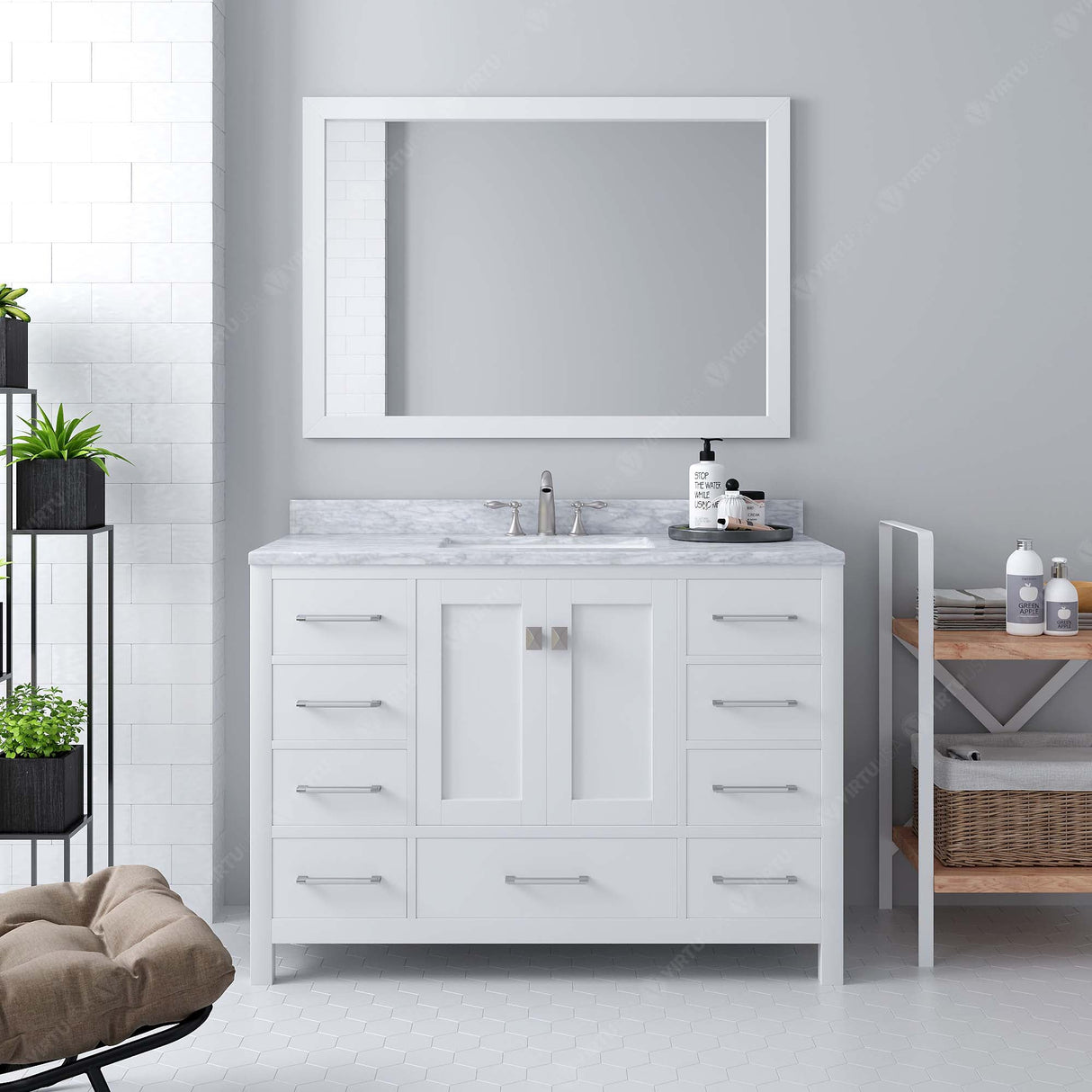 Virtu USA Caroline Avenue 48" Single Bath Vanity in White with White Marble Top and Square Sink with Brushed Nickel Faucet with Matching Mirror