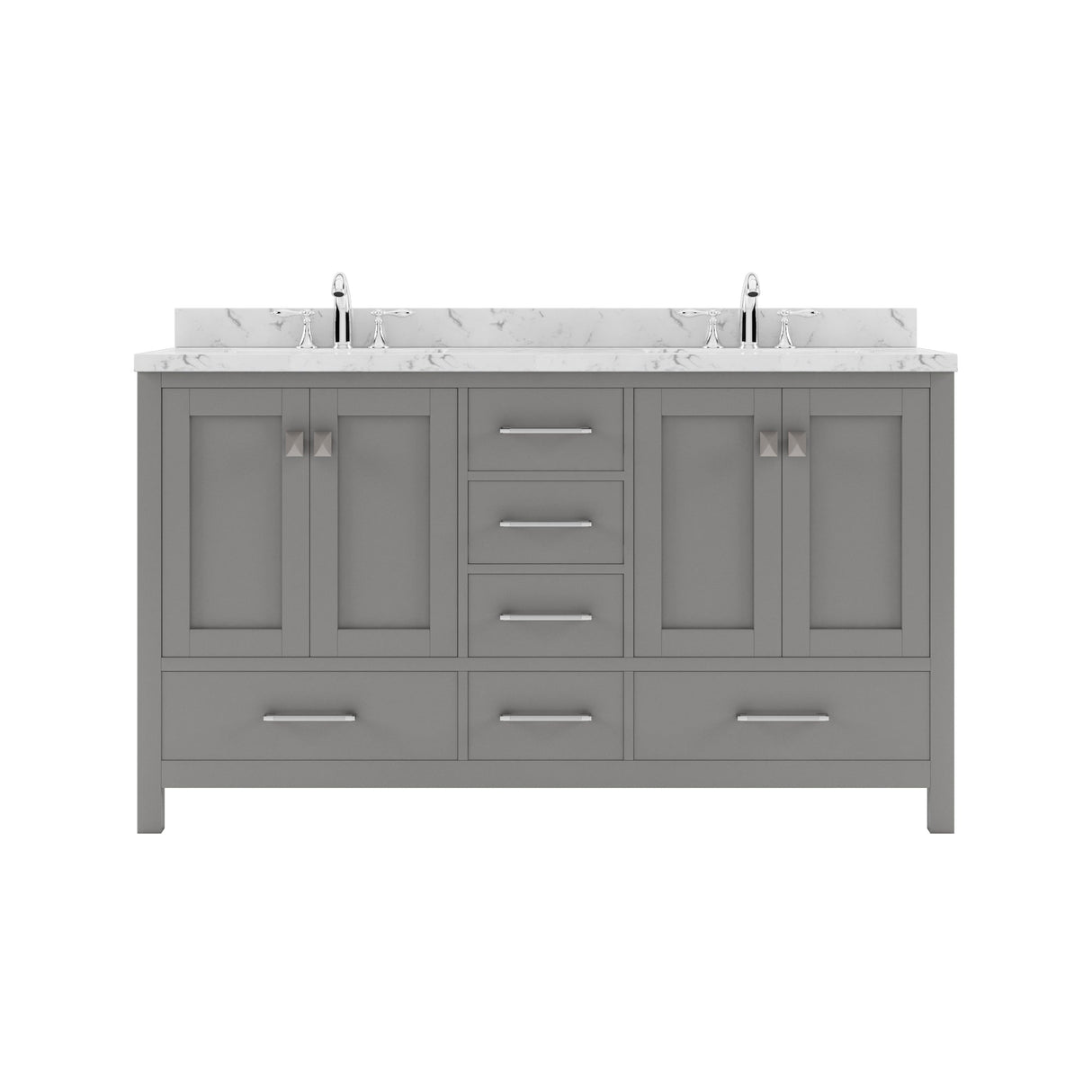 Virtu USA Caroline Avenue 60" Double Bath Vanity with White Quartz Top and Round Sinks with Polished Chrome Faucets with Matching Mirror