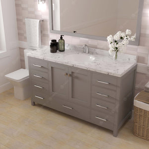 Virtu USA Caroline Avenue 60" Single Bath Vanity with White Quartz Top and Round Sink with Polished Chrome Faucet with Matching Mirror