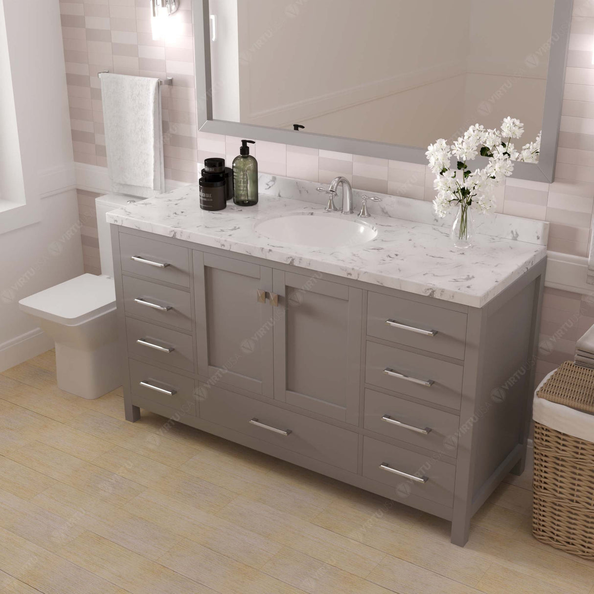 Virtu USA Caroline Avenue 60" Single Bath Vanity with White Quartz Top and Round Sink with Brushed Nickel Faucet with Matching Mirror
