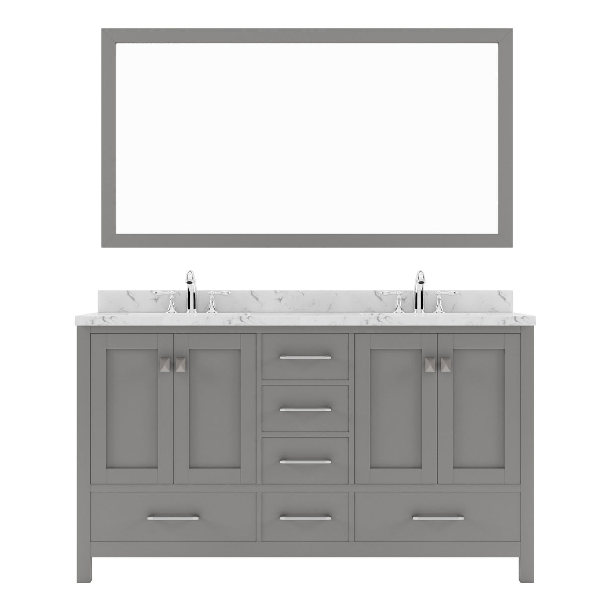 Virtu USA Caroline Avenue 60" Double Bath Vanity with White Quartz Top and Round Sinks with Polished Chrome Faucets with Matching Mirror - Luxe Bathroom Vanities