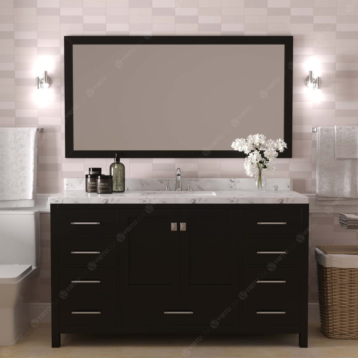 Virtu USA Caroline Avenue 60" Single Bath Vanity with Cultured Marble Quartz Top and Round Sink with Matching Mirror