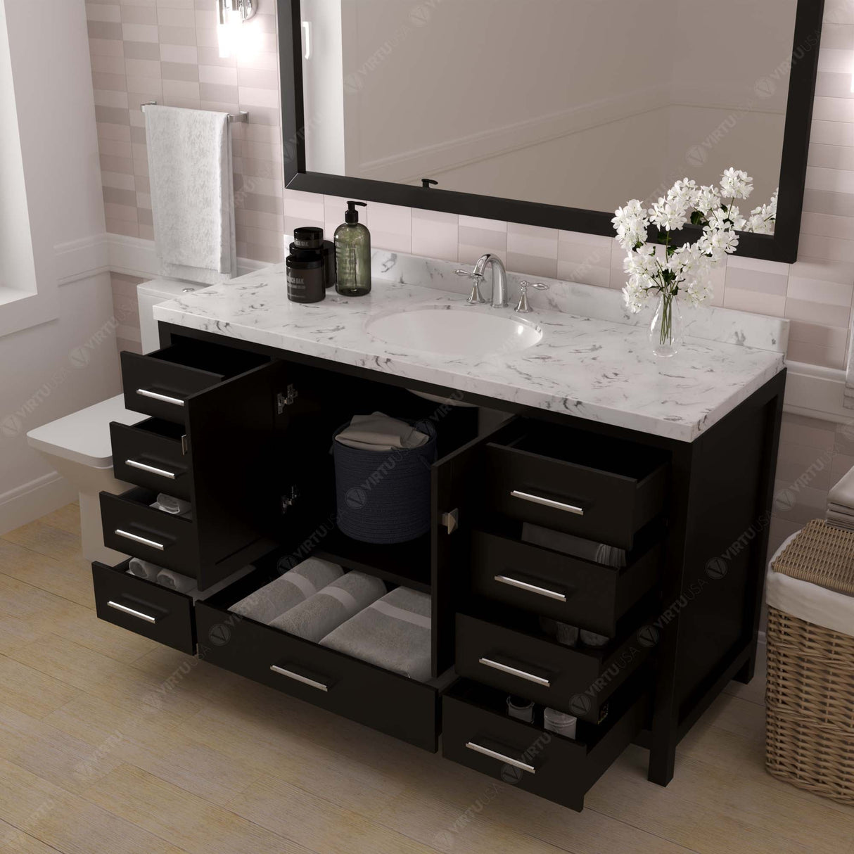 Virtu USA Caroline Avenue 60" Single Bath Vanity with Cultured Marble Quartz Top and Round Sink with Matching Mirror