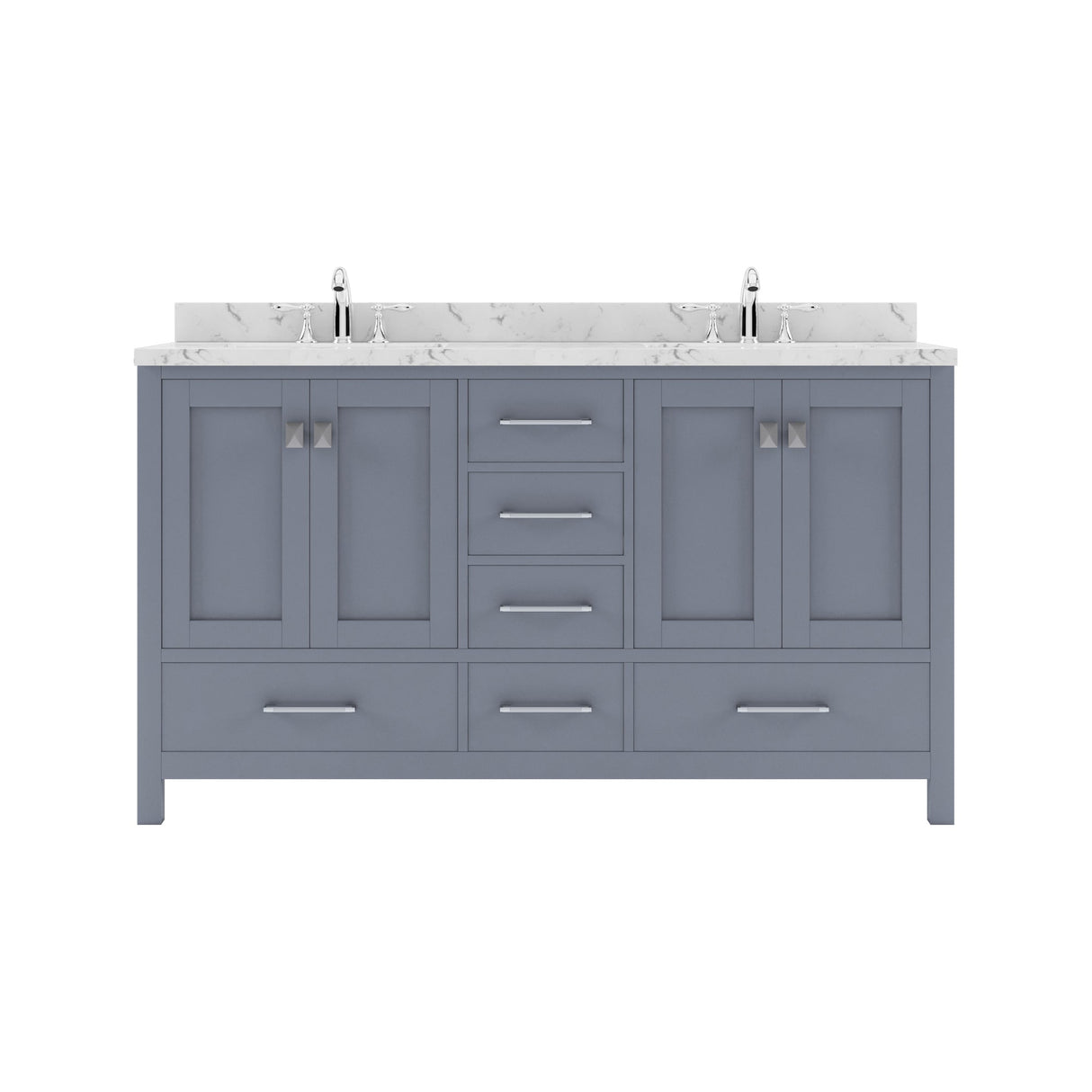 Virtu USA Caroline Avenue 60" Double Bath Vanity with White Quartz Top and Round Sinks with Polished Chrome Faucets with Matching Mirror