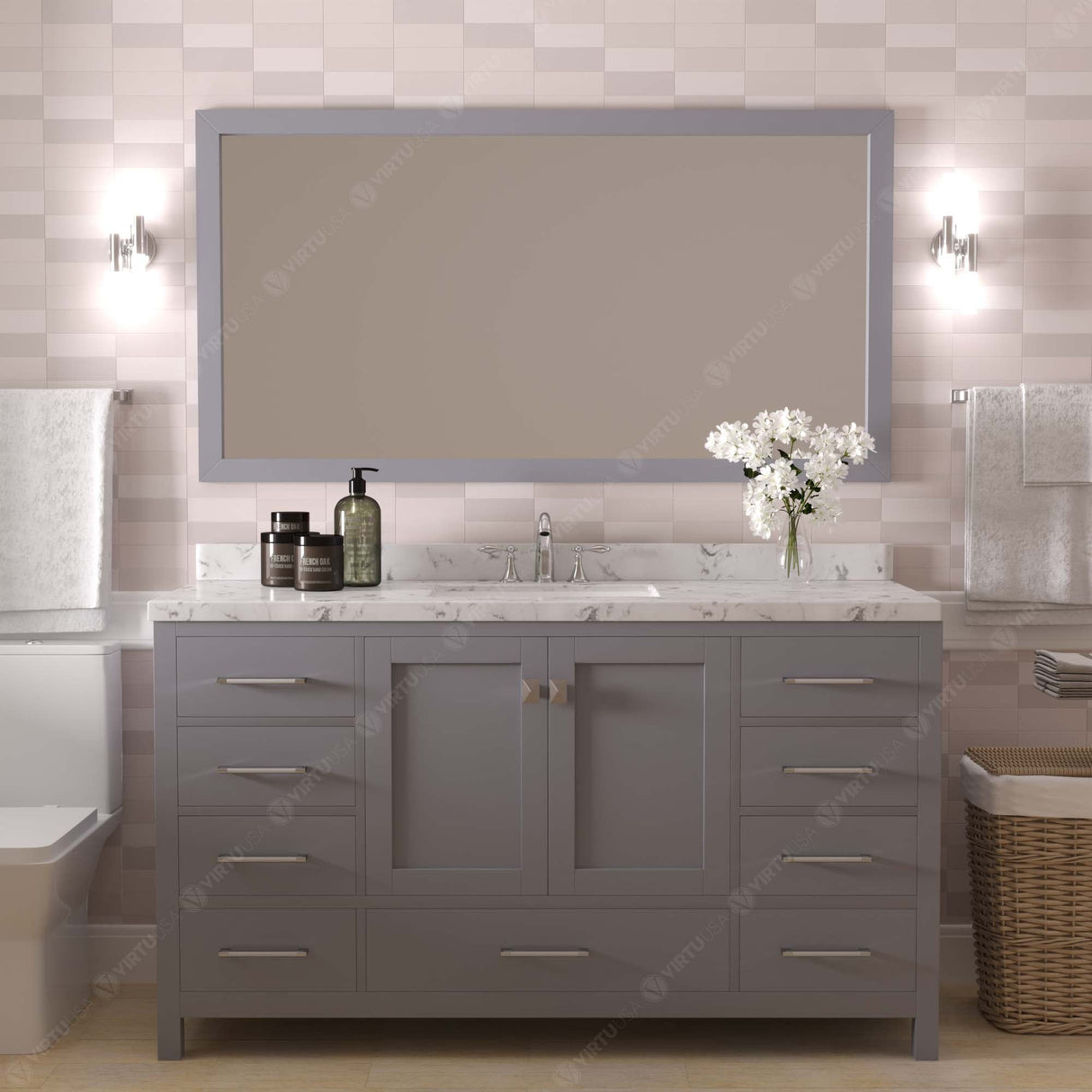 Virtu USA Caroline Avenue 60" Single Bath Vanity with White Quartz Top and Round Sink with Brushed Nickel Faucet with Matching Mirror