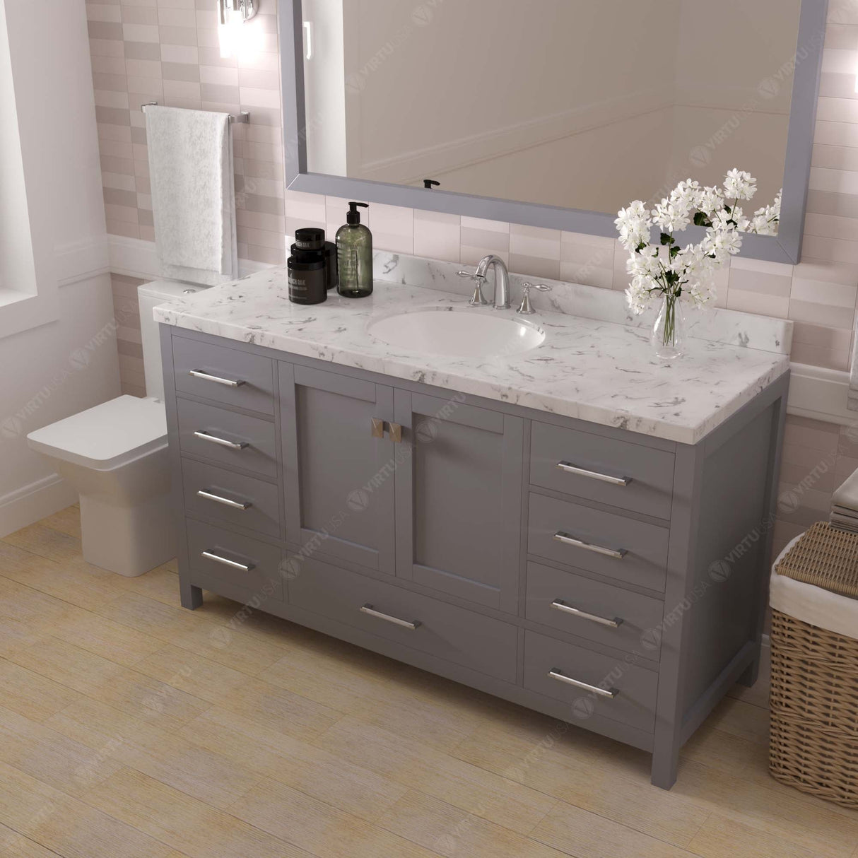 Virtu USA Caroline Avenue 60" Single Bath Vanity with Cultured Marble Quartz Top and Round Sink with Matching Mirror