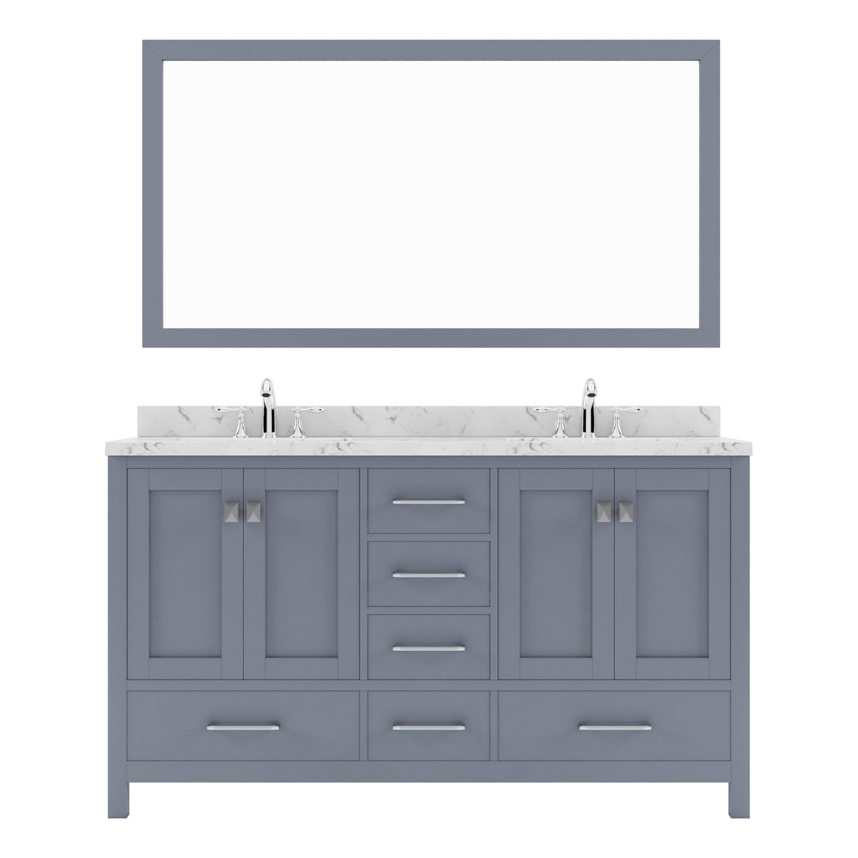 Virtu USA Caroline Avenue 60" Double Bath Vanity with White Quartz Top and Round Sinks with Brushed Nickel Faucets with Matching Mirror - Luxe Bathroom Vanities