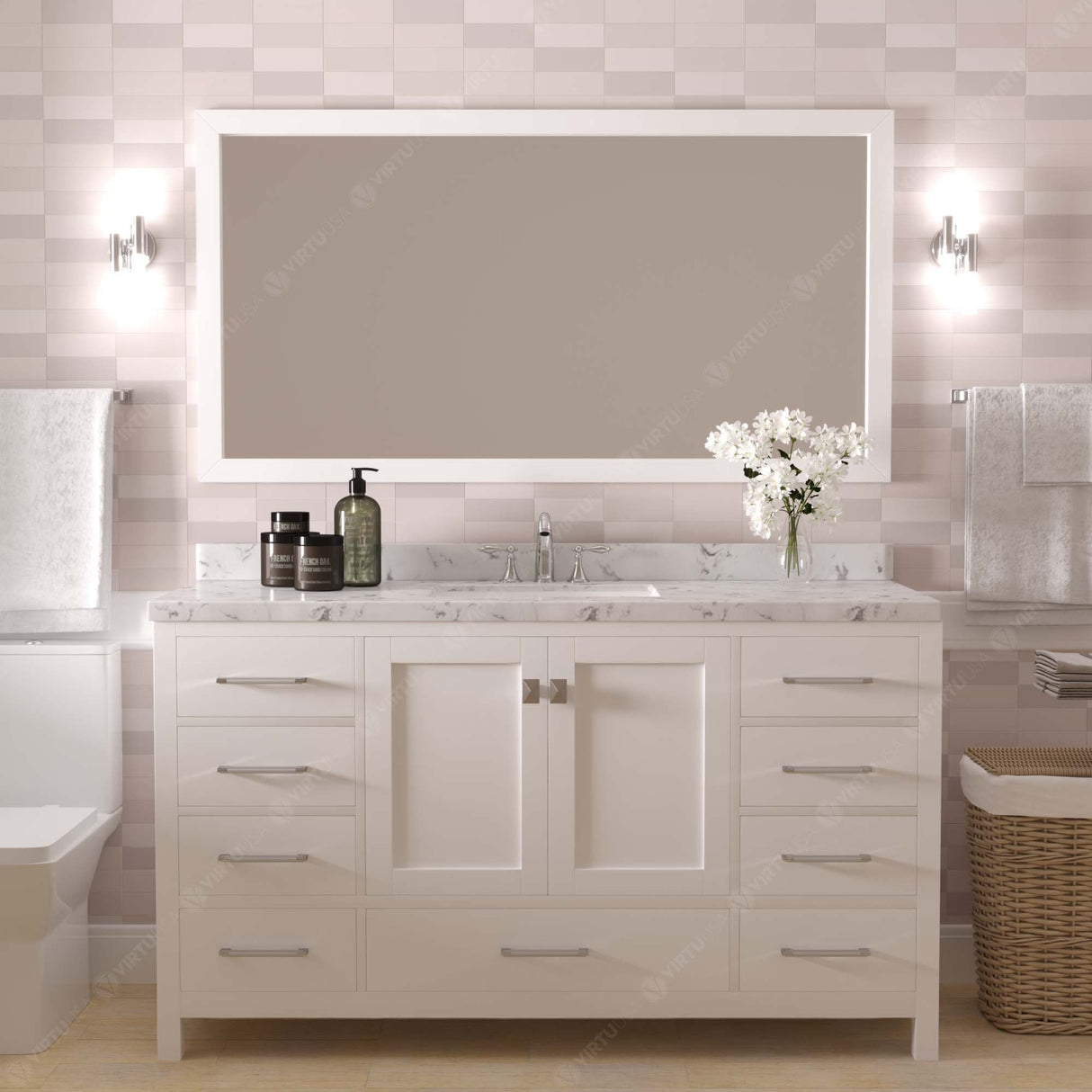 Virtu USA Caroline Avenue 60" Single Bath Vanity with Cultured Marble Quartz Top and Round Sink with Matching Mirror