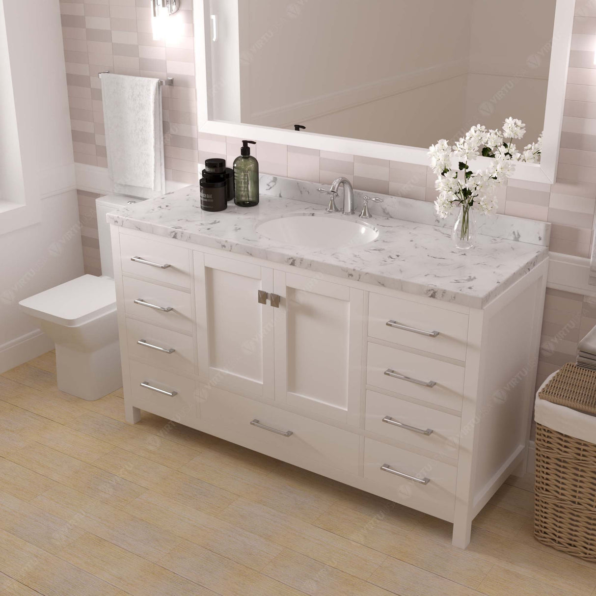 Virtu USA Caroline Avenue 60" Single Bath Vanity with White Quartz Top and Round Sink with Brushed Nickel Faucet with Matching Mirror