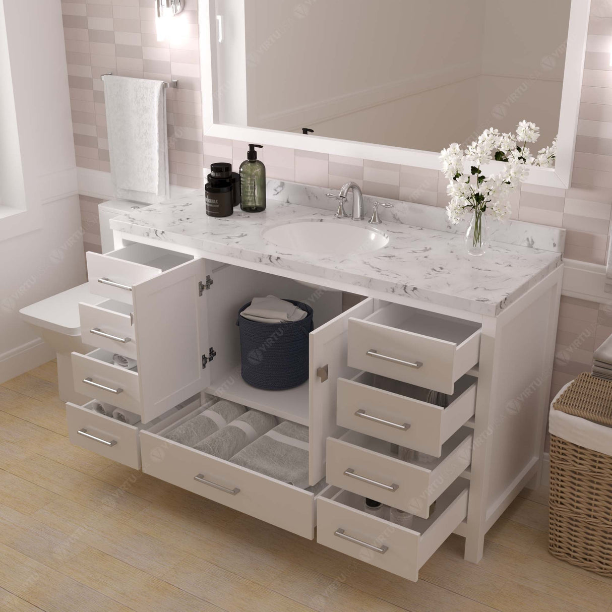 Virtu USA Caroline Avenue 60" Single Bath Vanity with White Quartz Top and Round Sink with Polished Chrome Faucet with Matching Mirror